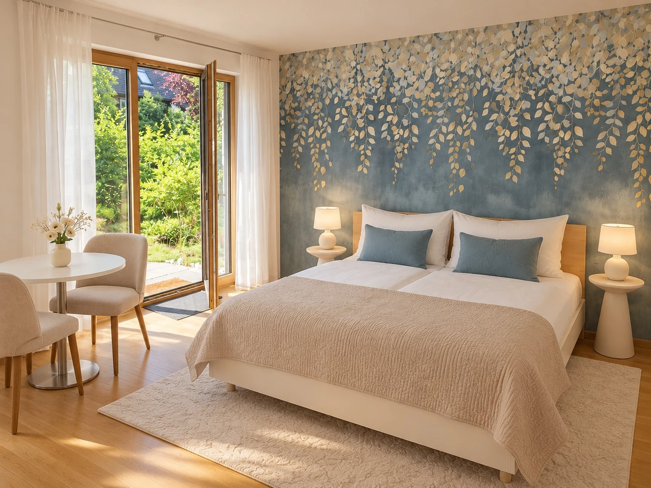 Sunnyside Garden: Schlafzimmer mit blau-goldener Blättertapete und offener Gartentür