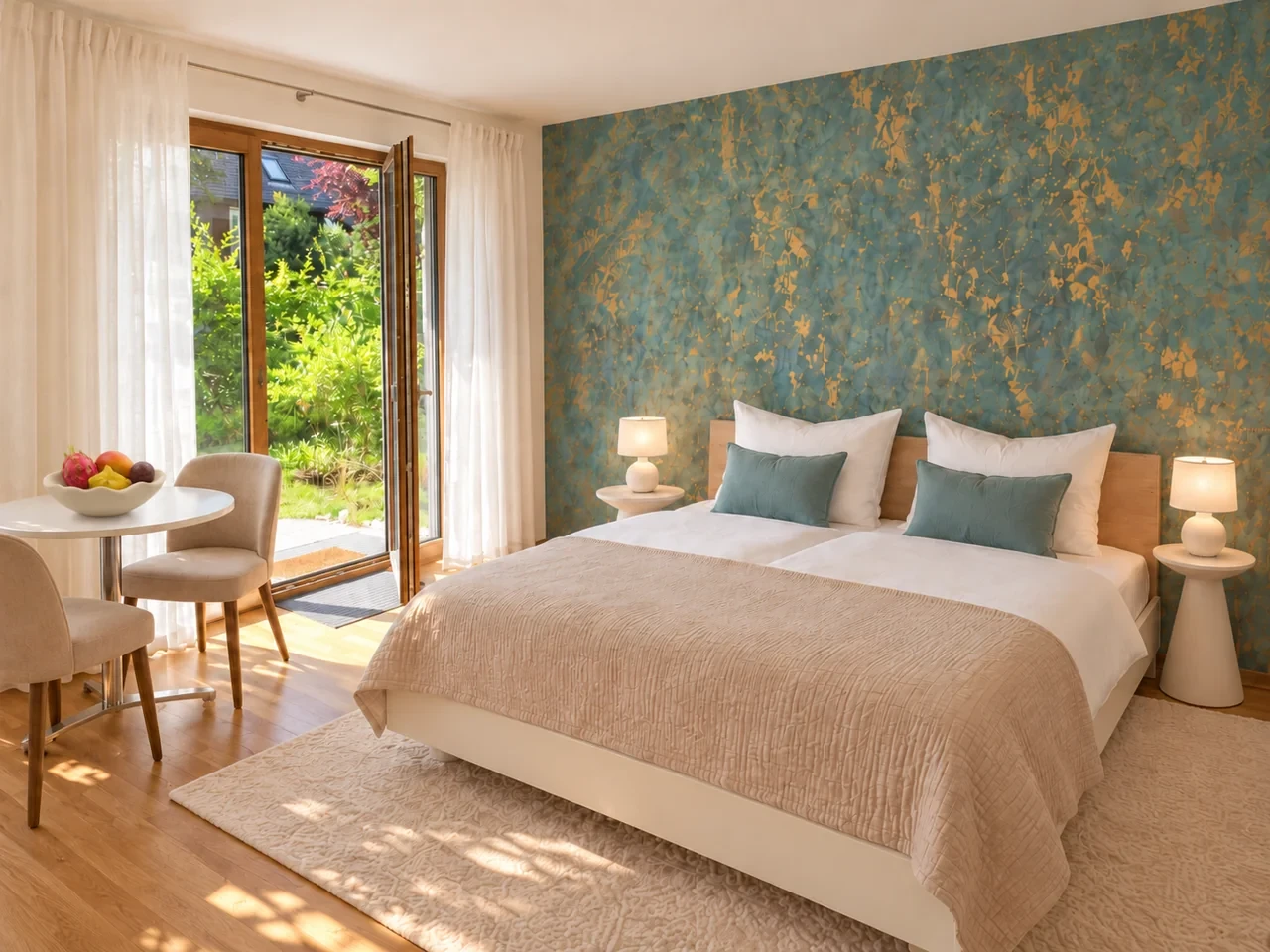 Schlafzimmer mit petrol-goldener Tapete