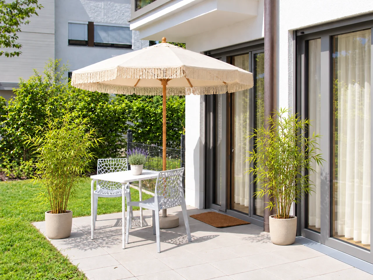 Terrasse mit Boho-Schirm, Bambus und Lavendel